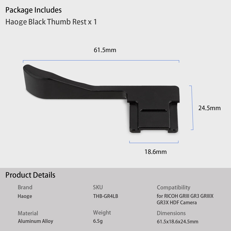 Haoge Metal Thumb Up Rest Hand Grip for RICOH GRIIIX GR3X HDF GRIII GR3 HDF Camera Accessories Black Hot Shoe Thumb Up THB-GR4LB