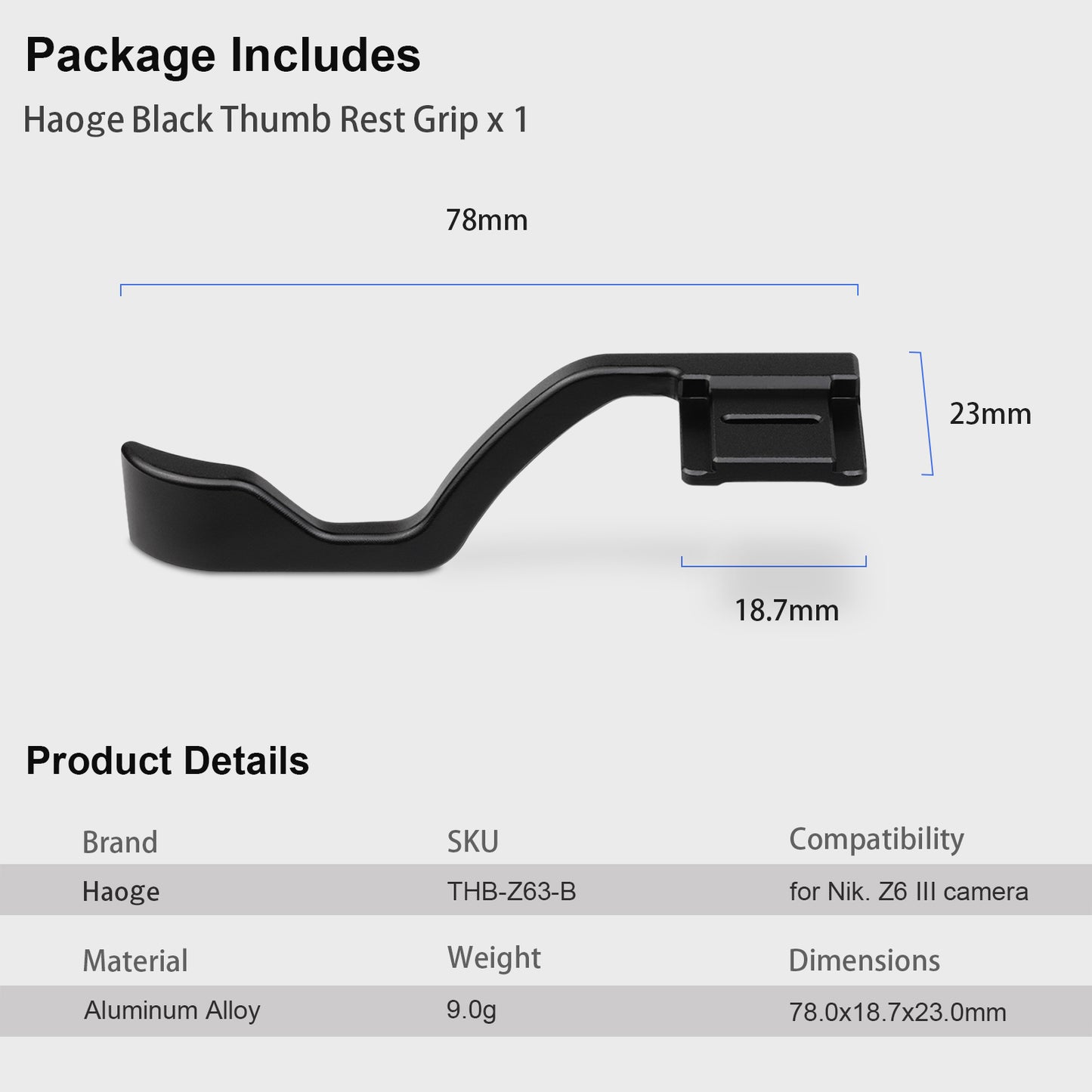 Haoge Metal Thumb Up Rest Hand Grip for Nikon Z6 III Z63 Mirrorless Camera Accessories Black THB-Z63-B Hot Shoe Thumb Up