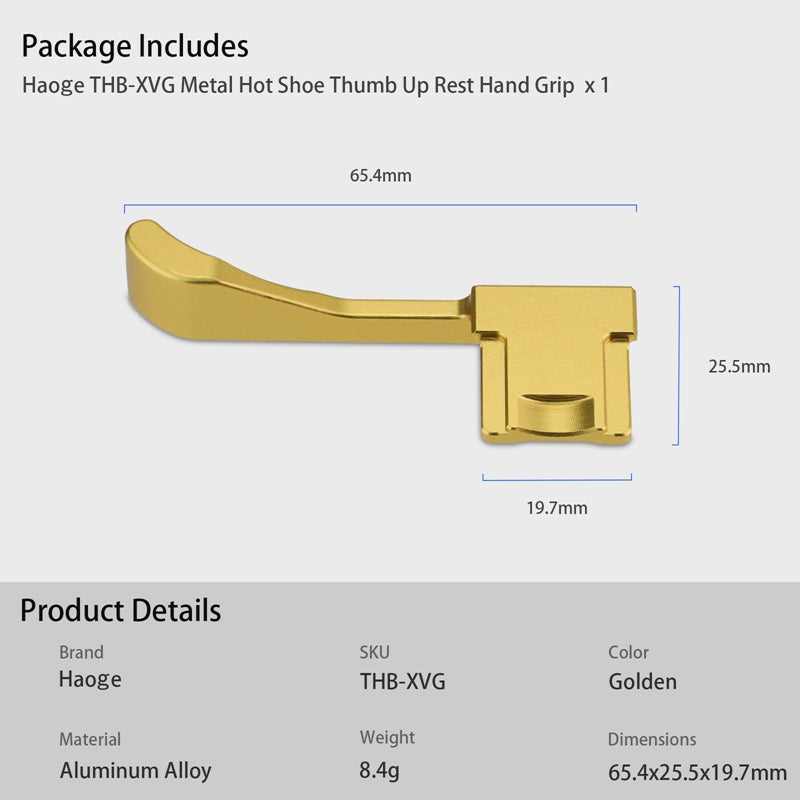 Haoge THB-XVG Metal Thumb Up Rest Hand Grip for Fujifilm X100VI Fujinon X100V Camera Accessories Gold Hot Shoe Thumb Up