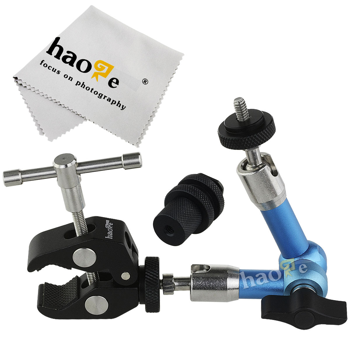Haoge 7 inch Stainless Steel Articulating Friction Magic Arm with Large Clamp Crab Pliers Clip for HDMI LCD Monitor LED Light DSLR Camera Video Tripod Blue