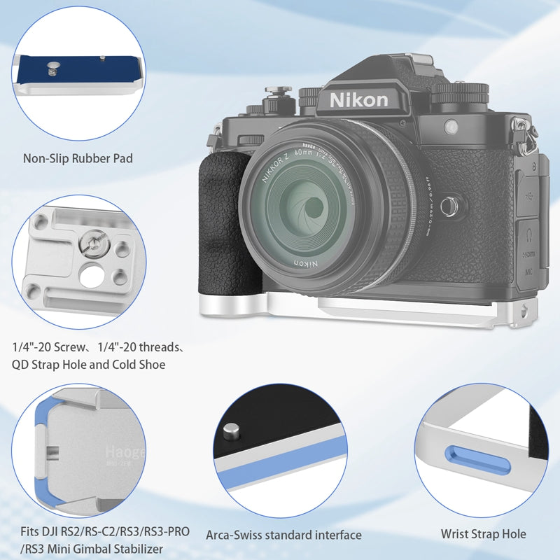 Haoge Handgrip for Nikon Zf ZF Camera L-Shape Grip, With Ergonomic Silicone Side Handle Built-in Arca Swiss Type Plate for DJI RS2/RS-C2/RS3/RS3-PRO/RS3 Mini ,Silver MHG-ZFW