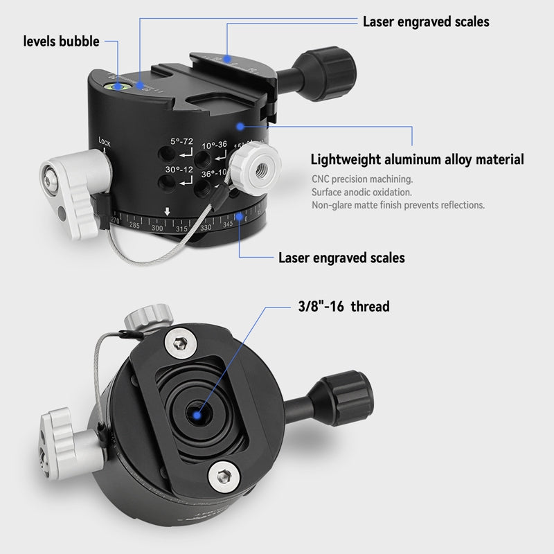 Haoge PA-64T 64mm Panoramic Panorama Pano Indexing Index Rotator Tripod Monopod Head - 10 Detent Interval Quick Release Clamp fit Arca Swiss