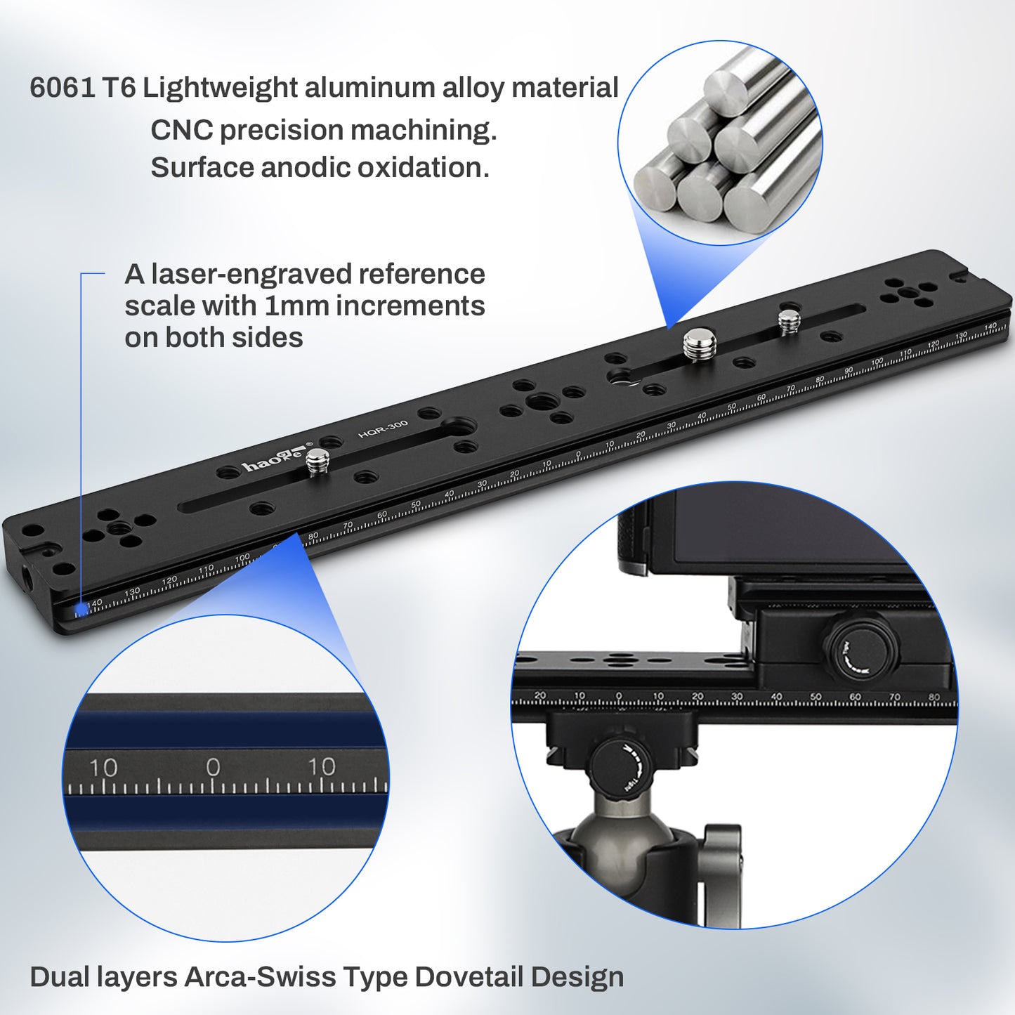 Haoge HQR-300 300mm Multi-purpose Dual Dovetail Long Quick Release Extender Rail Sliding Plate for Camera Tripod Ballhead Clamp fit Benro Arca Swiss Sunwayfoto
