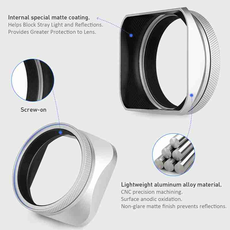 Haoge Square Metal Lens Hood for Fujifilm X100VI Fuji X100V X100F X100T X100S X100 X70 with 49mm UV Filter Adapter Ring & Metal Cap Silver
