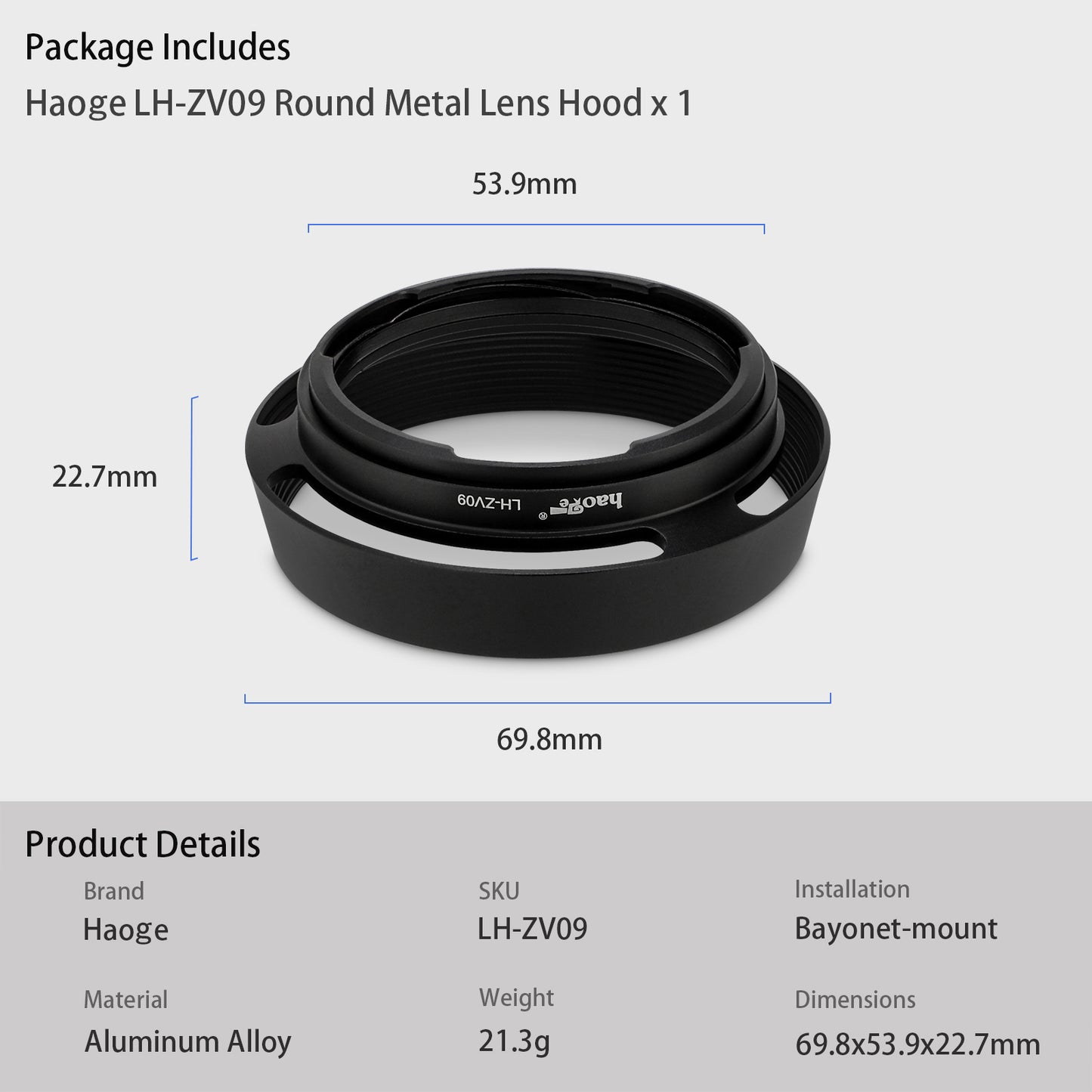Haoge LH-ZV09 Round Metal Lens Hood for Carl Zeiss C Biogon T* 2.8/28 28mm f2.8 ZM, C Sonnar T* 1.5/50 50mm f1.5 ZM Lens