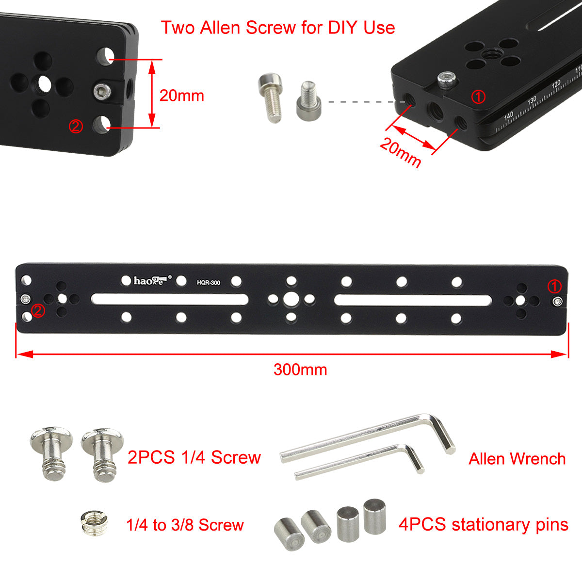 Haoge HQR-300 300mm Multi-purpose Dual Dovetail Long Quick Release Extender Rail Sliding Plate for Camera Tripod Ballhead Clamp fit Benro Arca Swiss Sunwayfoto