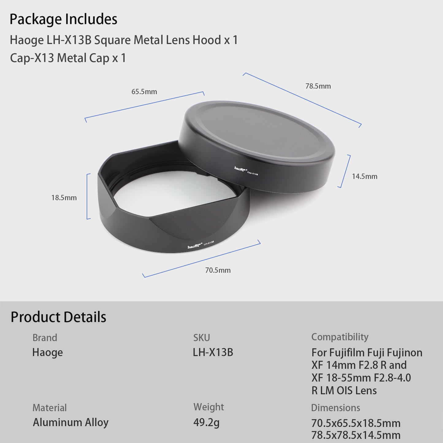 Haoge LH-X13B Bayonet Dedicated Lens Hood of Square Metal for Fuji Fujifilm Fujinon XF 18-55mm F2.8-4 R LM OIS Lens and Fujinon XF 14mm F2.8 R Lens on X-Pro3 XT30 XT4 Camera (New Version with a Hood Metal Cap)