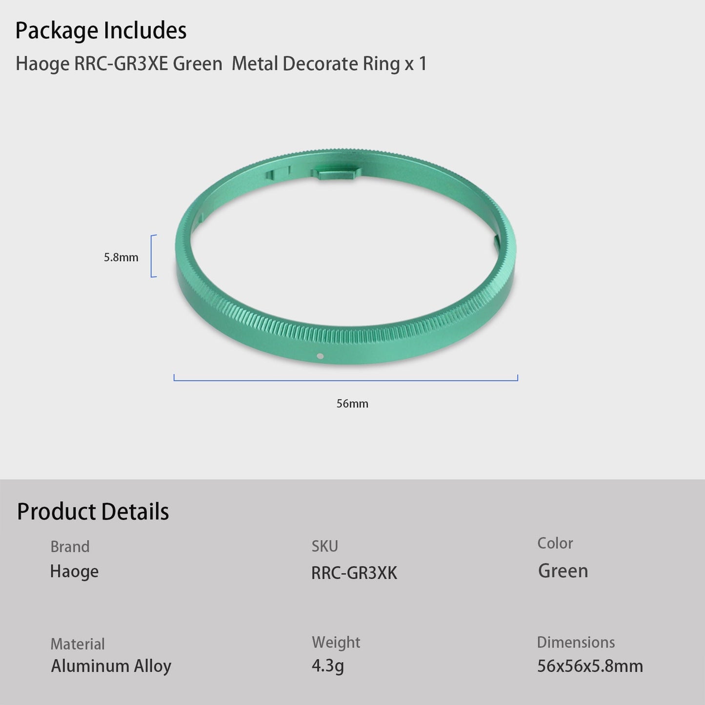Haoge RRC-GR3XE Green Metal Decorate Ring for RICOH GR3X/GRIIIX Camera accessories replaces GN-2