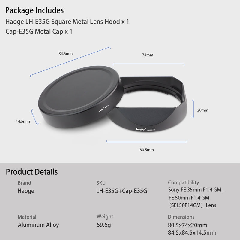 Haoge Lens Hood Metal Square Bayonet for Sony FE 35mm F1.4 GM, With Metal Front Cap, Replaces Sony FE35mm F1.4 GM Hood ALC-SH0001