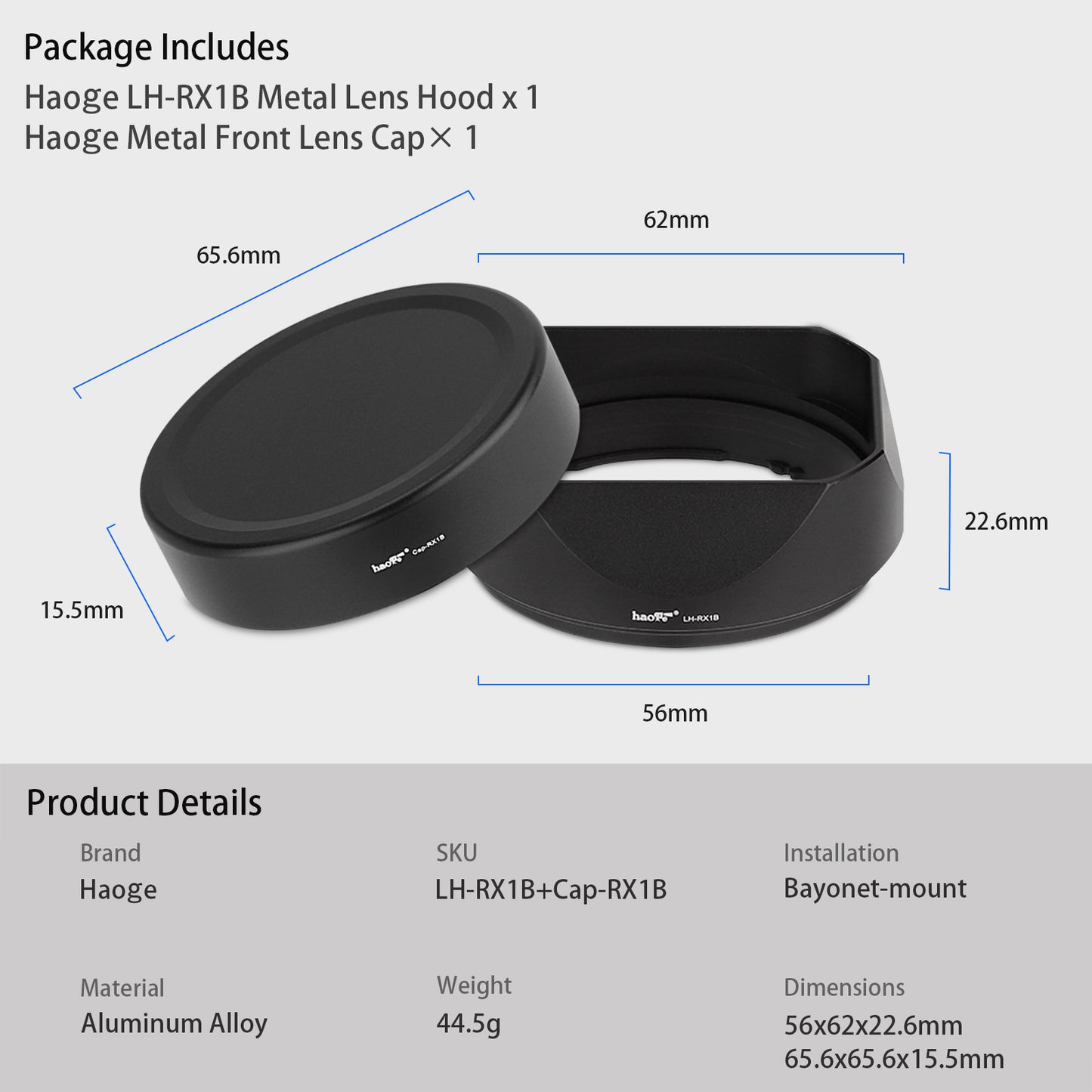 Haoge LH-RX1B Square Metal Bayonet Lens Hood Shade for Sony Cyber Shot DSC RX1 RX1R RX1RII RX1RIII and FE 35MM F2.8 55MM/F1,8 Lens