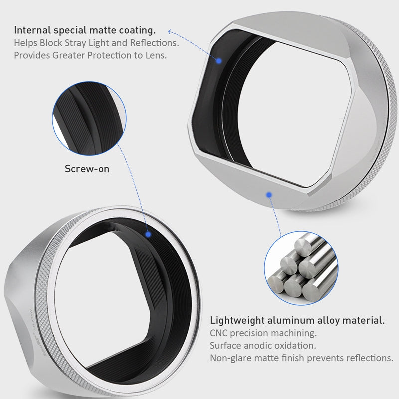 Haoge Square Metal Lens Hood for Fujifilm X100V Fuji X100VI Camera Silver with 49mm UV Filter Adapter Ring