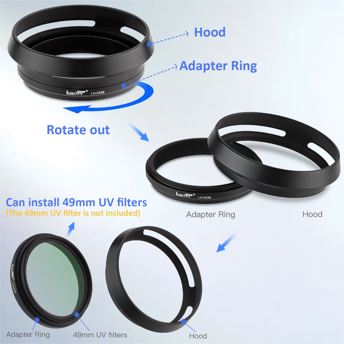 Haoge 3in1 Lens Hood with Adapter Ring with Cap Set for Fujifilm Fuji X100VI Camera Black LH-X53B
