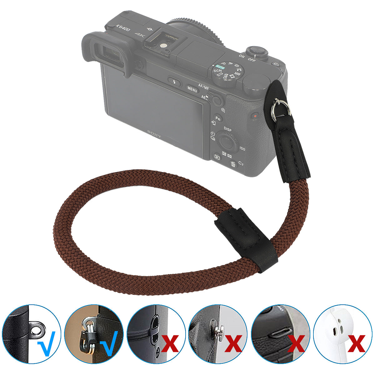 Haoge Camera Hand Wrist Strap for Fujifilm Fuji X-H1 XH1 X30 X100VI X100V X70 X100 X100F X100T X100S GFX 50R GFX100 GRX100RF, for Canon EOS M5 M6, for Nikon 1 J3 J4 J5 V1 V2 V3 S1 S2 Climbing Rope Coffee