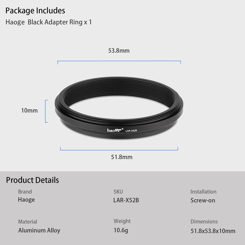 Haoge LAR-X52B Lens Filter Adapter Ring for Fujifilm Fuji X100VI X100V Camera fit 49mm UV CPL ND Filter Lens Cap Replace AR-X100 Black