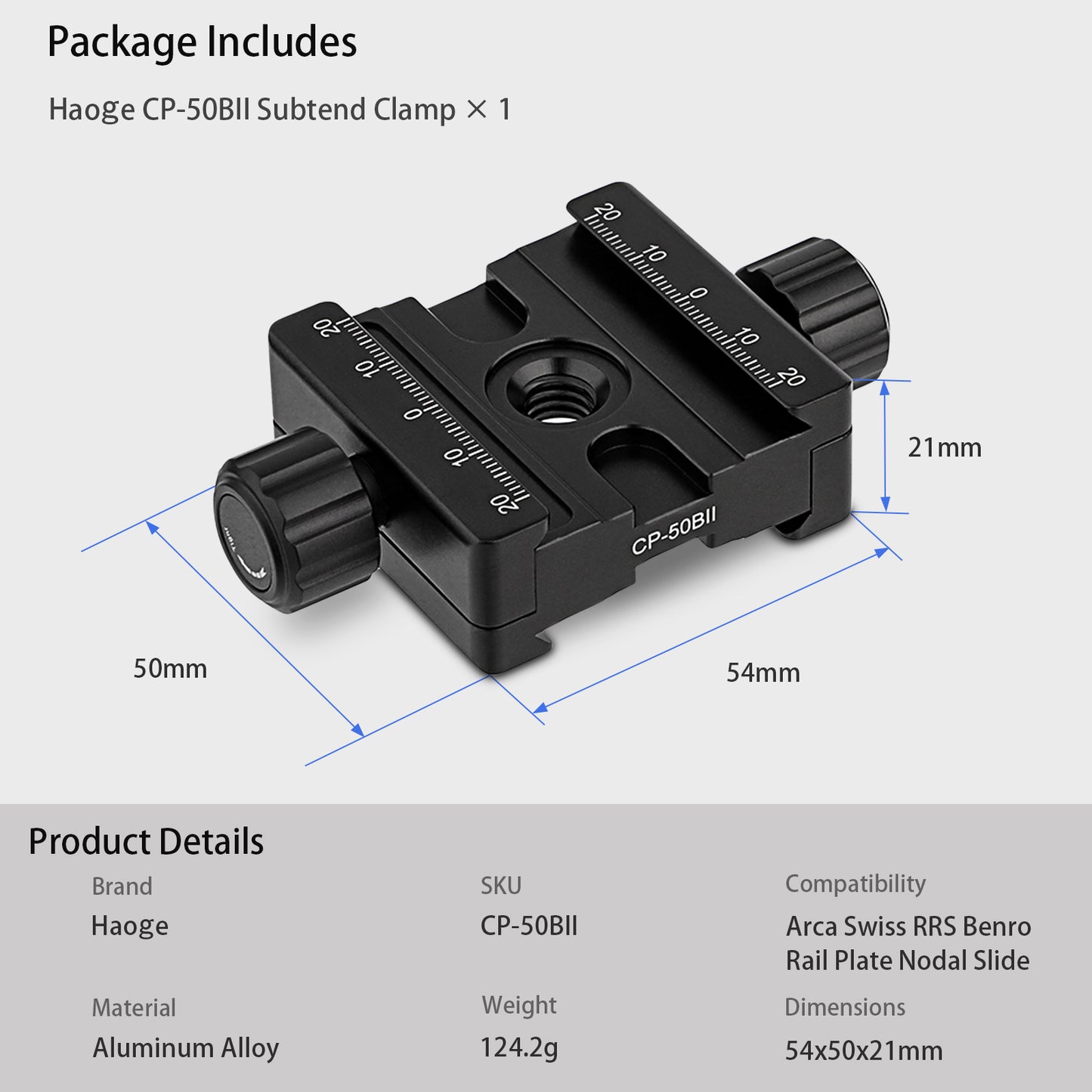 Haoge CP-50BII 50mm Subtend Double Dual Quick Release Clamp for Arca Swiss RRS Benro Rail Plate Nodal Slide