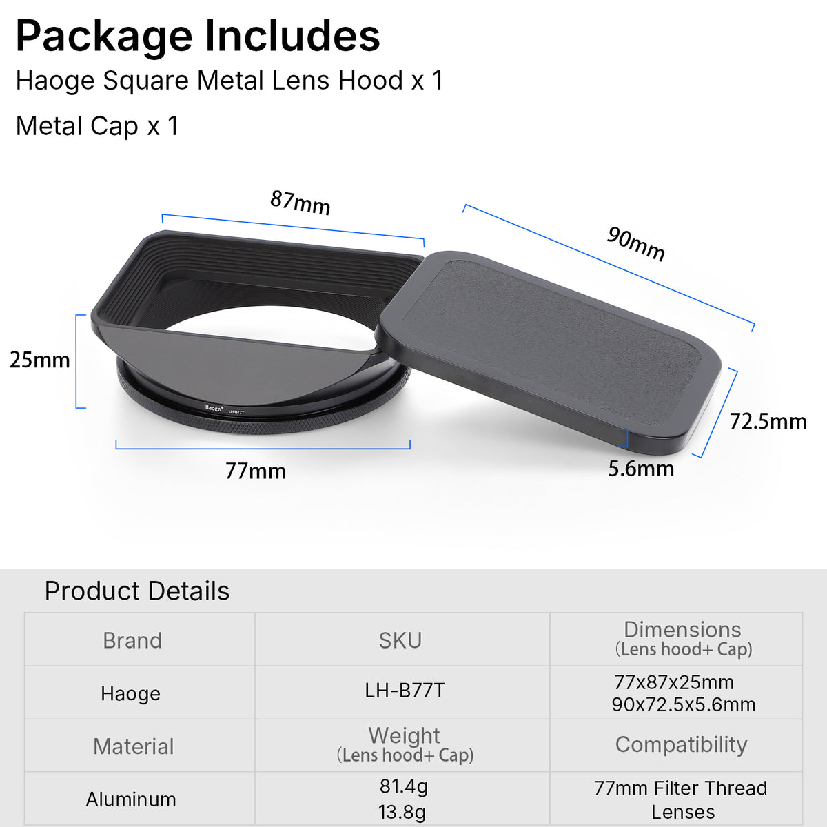 Haoge 77mm Square Metal Screw-in Mount Lens Hood Shade with Cap for 77mm Canon Nikon Sony Leica Leitz Carl Zeiss Voigtlander Nikkor Panasonic Fujifilm Olympus Lens and Other 77mm Filter Thread Lens