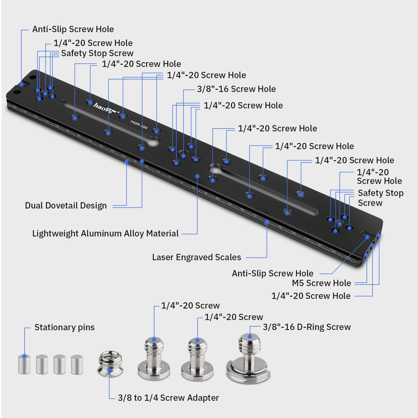 Haoge HQR-300 300mm Multi-purpose Dual Dovetail Long Quick Release Extender Rail Sliding Plate for Camera Tripod Ballhead Clamp fit Benro Arca Swiss Sunwayfoto