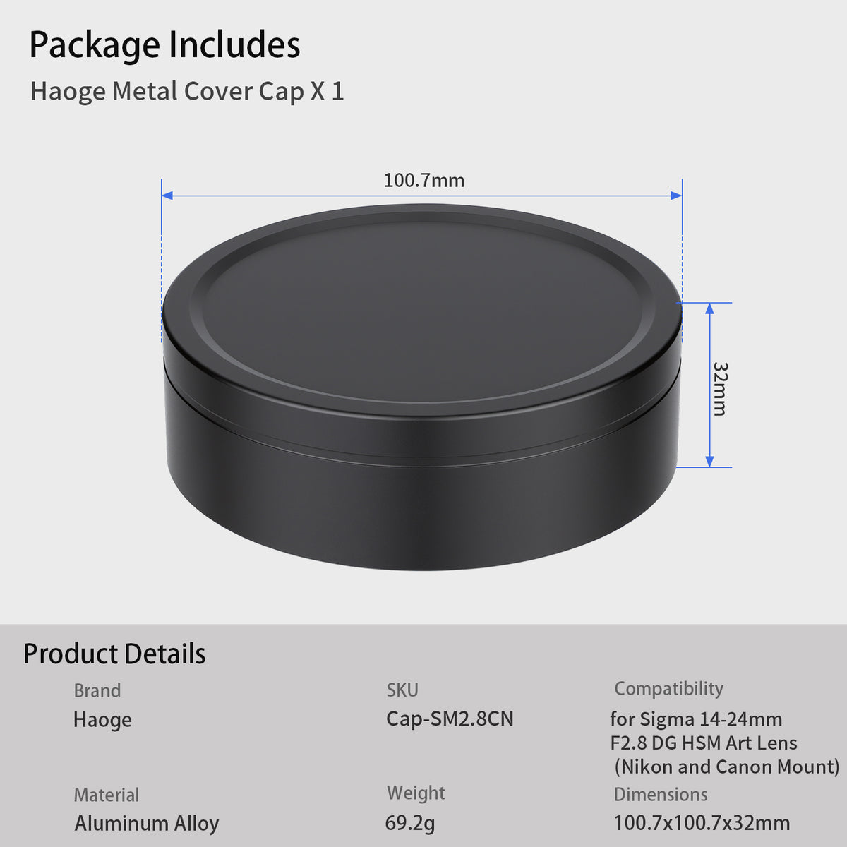 Haoge Cap-SM2.8CN Metal Lens Cap Cover for Sigma 14-24mm F2.8 DG HSM Art Lens (Nikon and Canon Mount)