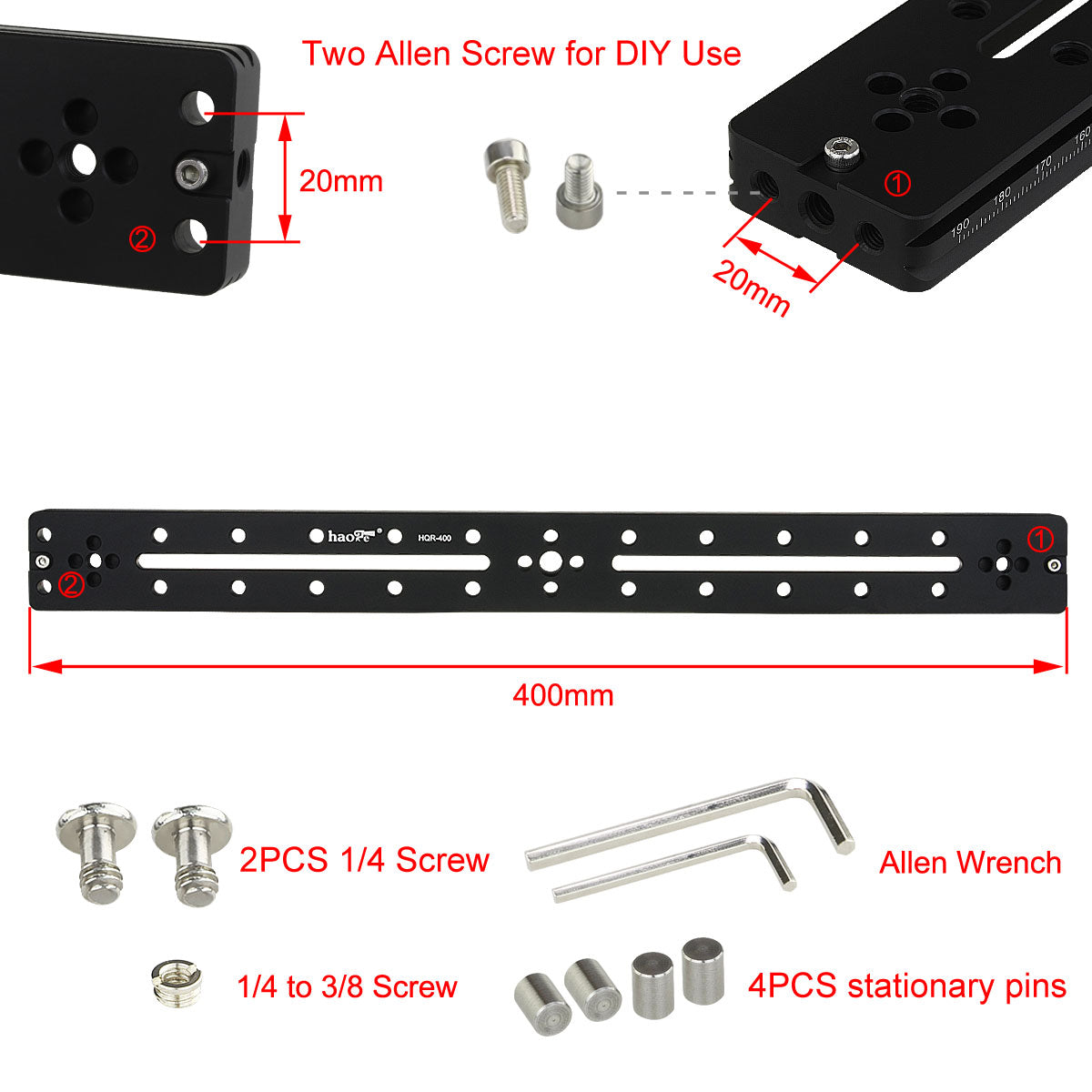 Haoge HQR-400 400mm Multi-purpose Dual Dovetail Long Quick Release Extender Rail Sliding Plate for Camera Tripod Ballhead Clamp fit Benro Arca Swiss Sunwayfoto