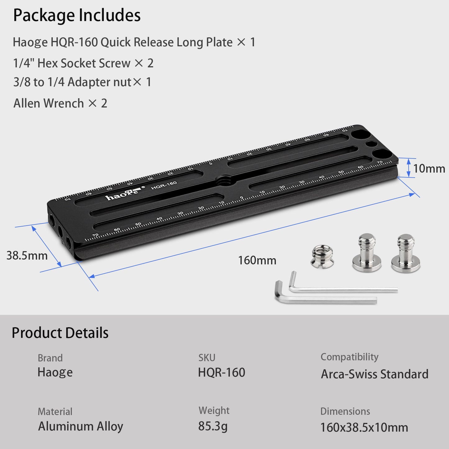 Haoge HQR-160 160mm Multi-Purpose Long Quick Release Extender Rail Sliding Plate for Camera Tripod Ballhead Clamp fit Benro Arca Swiss Sunwayfoto