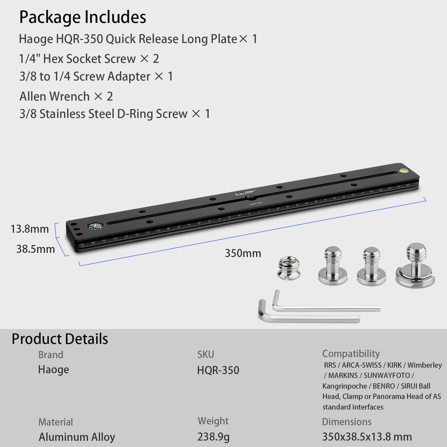 Haoge HQR-350 350mm Multi-purpose Dual Dovetail Long Quick Release Extender Rail Sliding Plate for Camera Tripod Ballhead Clamp fit Benro Arca Swiss Sunwayfoto