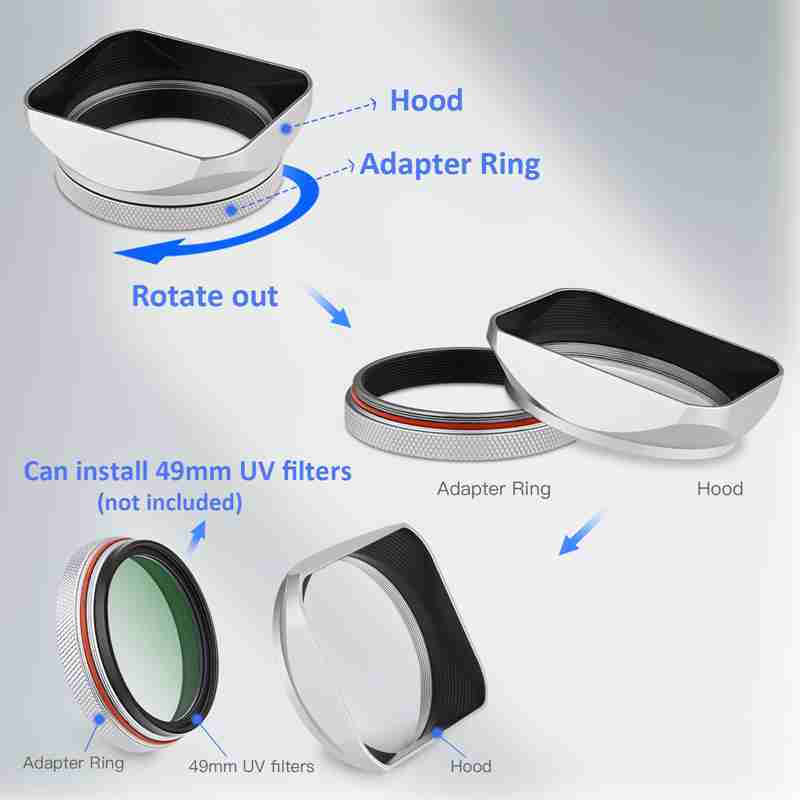 Haoge Square Metal Lens Hood for Fujifilm X100VI Fuji X100V X100F X100T X100S X100 X70 with 49mm UV Filter Adapter Ring & Metal Cap Silver
