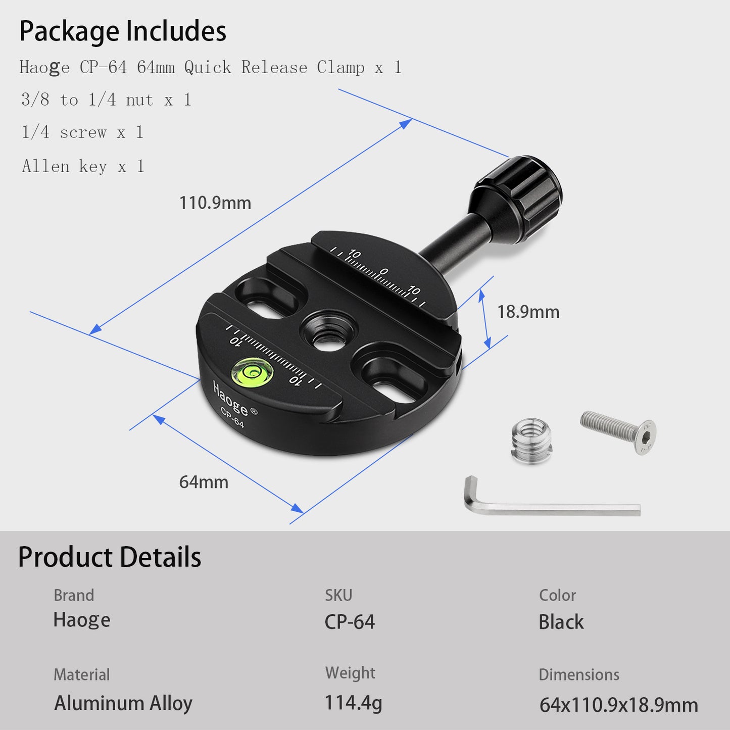 Haoge 64mm Screw Knob Clamp Adapter Mount for Quick Release QR Plate Camera Tripod Ballhead Monopod Ball Head Fit Arca Swiss