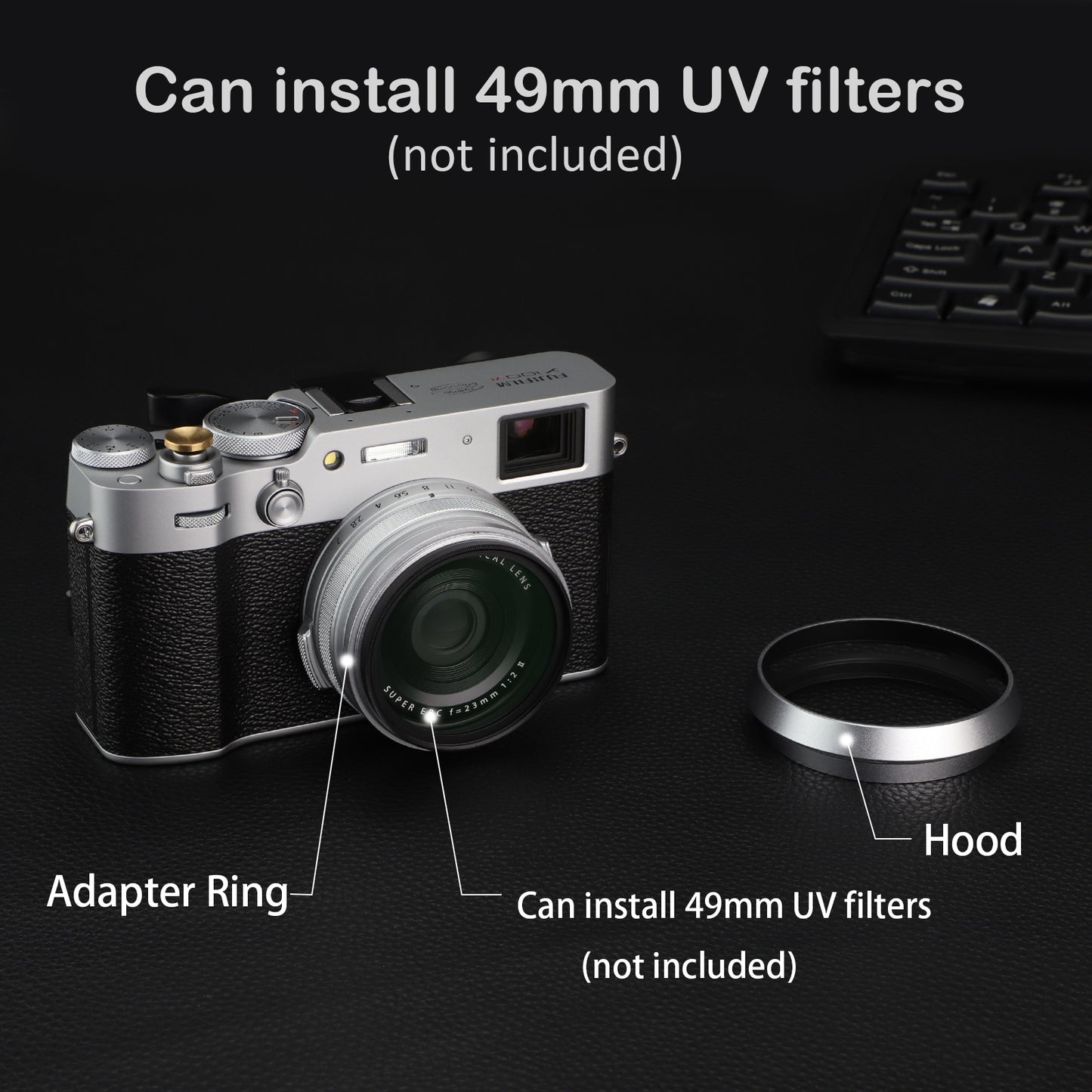 Haoge LH-X53W 3in1 Lens Hood with Adapter Ring with Cap Set for Fujifilm Fuji FinePix X70 X100 X100S X100T X100F X100V Camera Silver replaces Fujifilm LH-X100