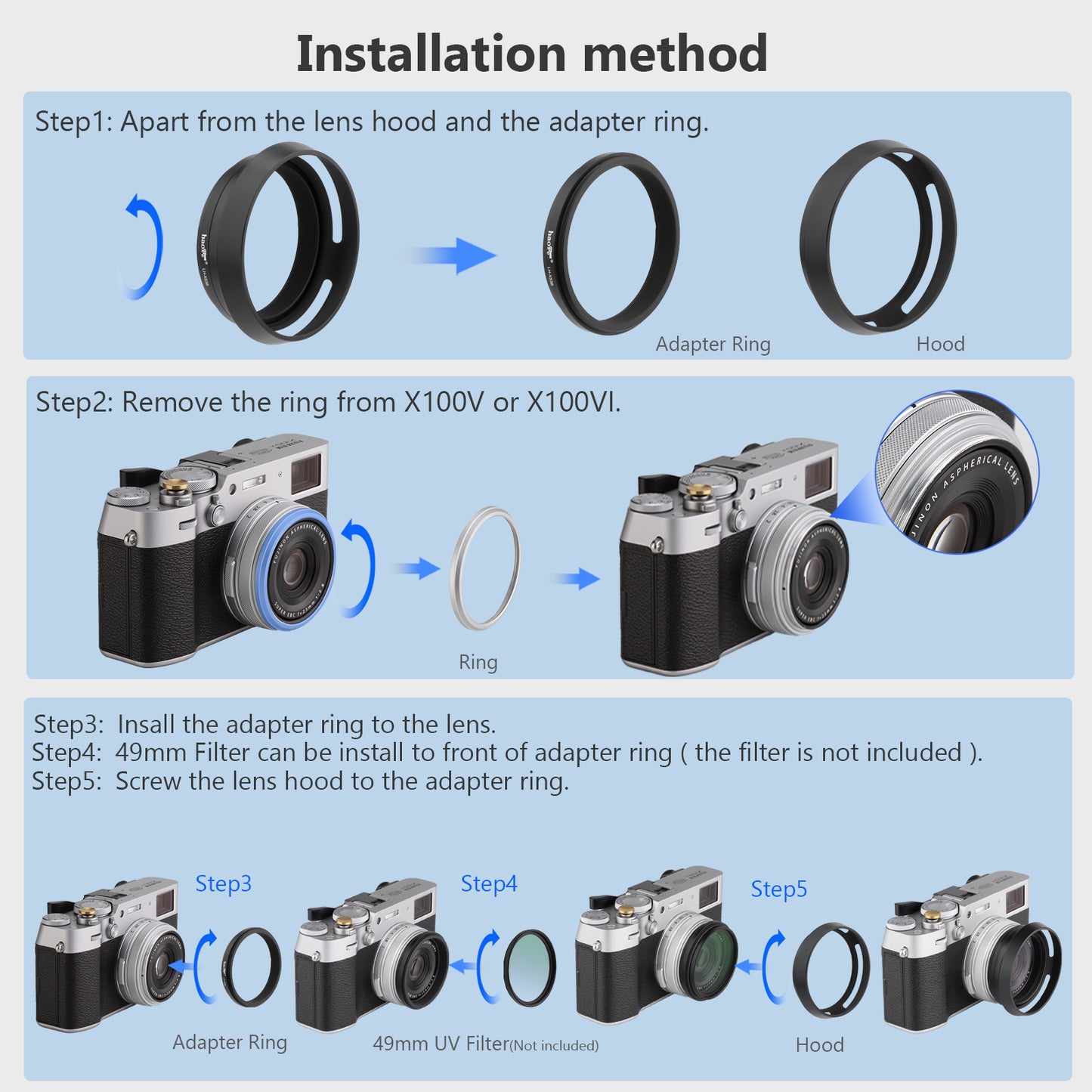 Haoge 3in1 Lens Hood with Adapter Ring with Cap Set for Fujifilm Fuji X100VI Camera Black LH-X53B