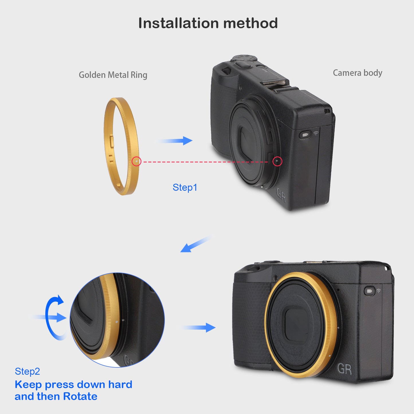 Haoge RRC-GR3Xk Golden Metal Decorate Ring Cap for RICOH GR3X/GRIIIX Camera replaces GN-2