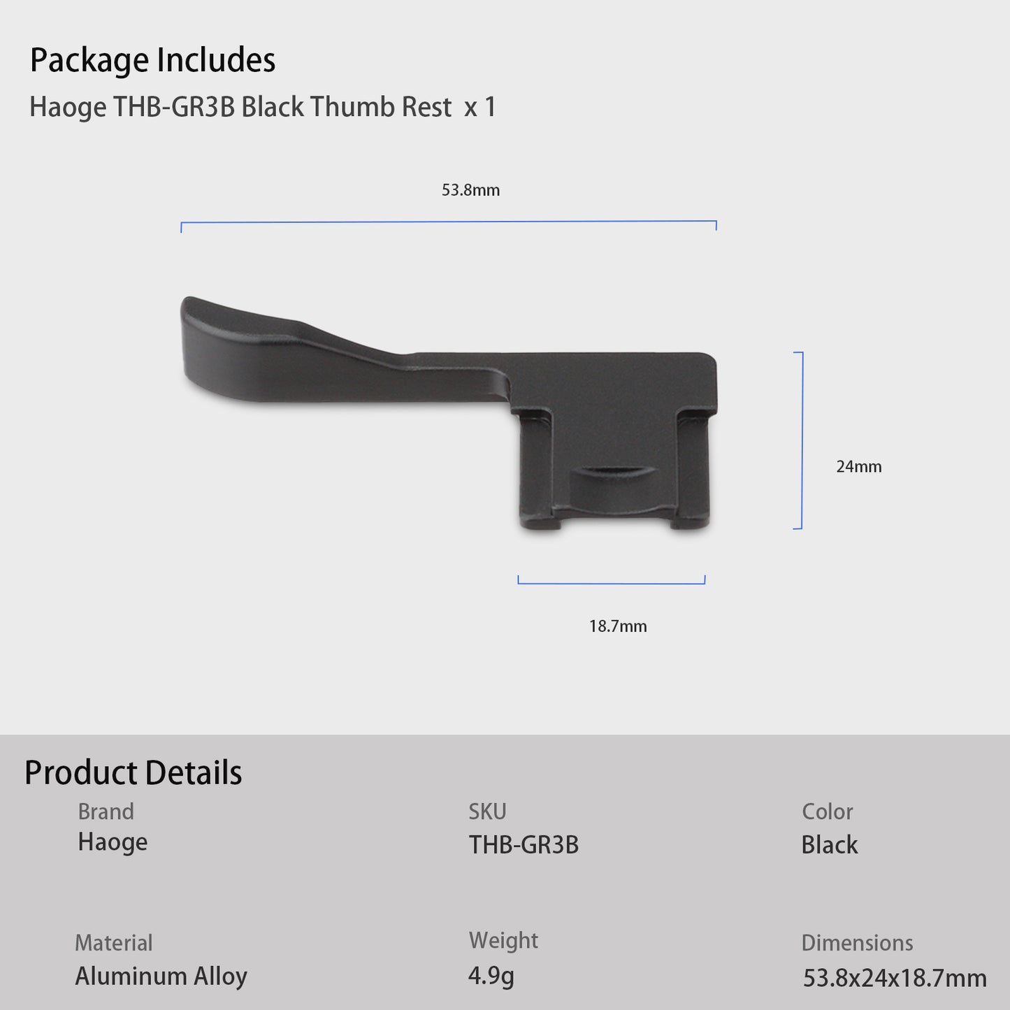 Haoge THB-GR3B Metal Hot Shoe Thumb Up Rest Hand Grip for RICOH GR III GRIII GR3 Camera Black