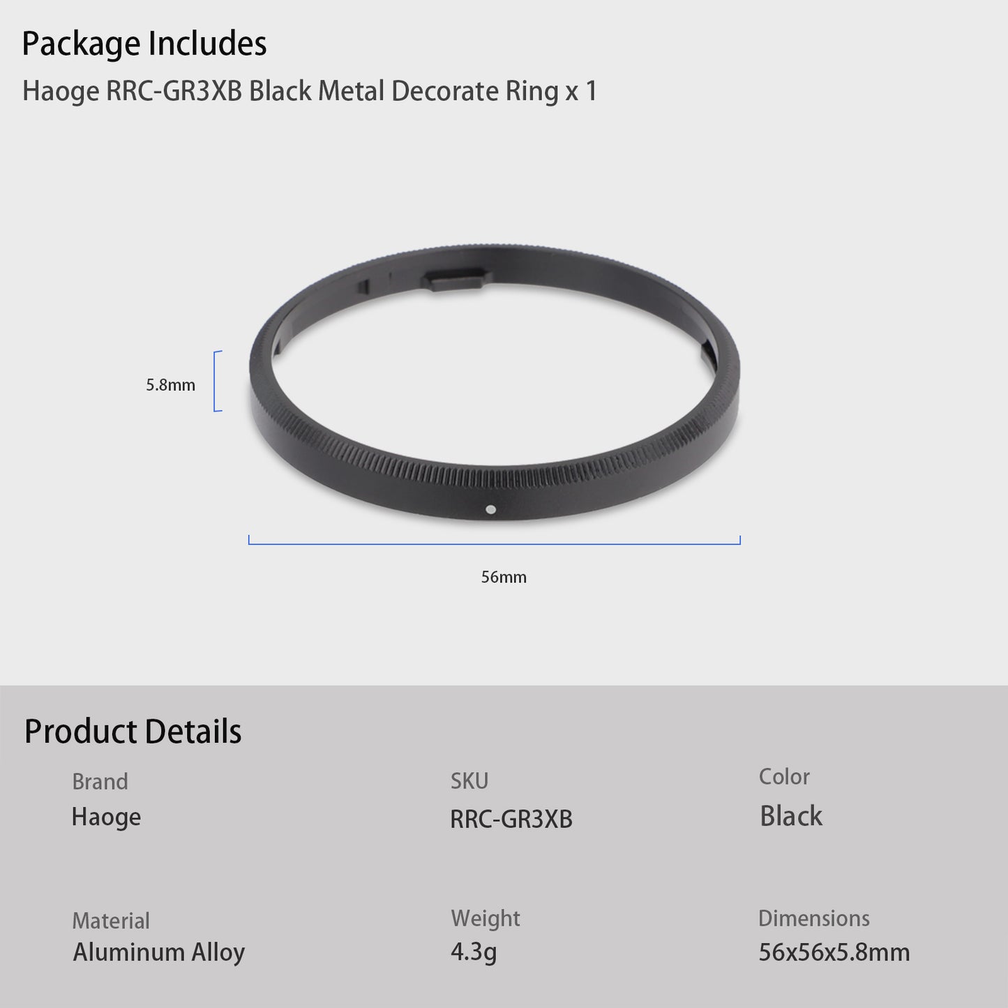 Haoge RRC-GR3XB Black Metal Decorate Ring Cap for RICOH GR3X/GRIIIX Camera replaces GN-2