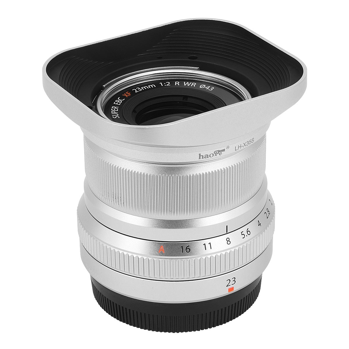 Haoge LH-X35S Square Metal Lens Hood Shade for Fujifilm Fuji Fujinon XF35mmF2 XF 35mm f/2 R WR and XF23mmF2 XF 23mm f2 R WR lens Silver