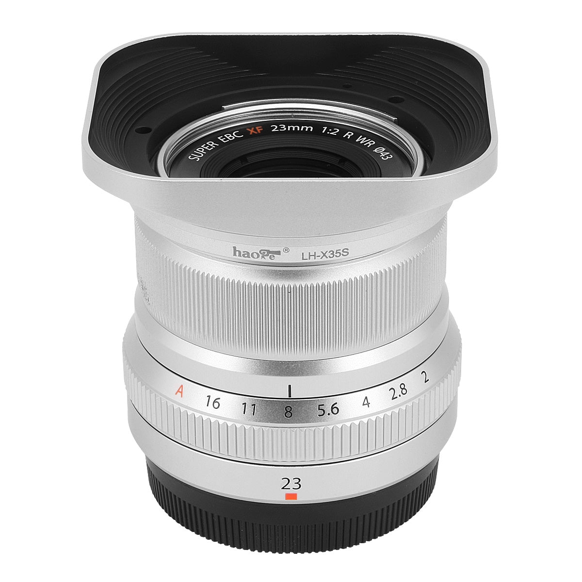 Haoge LH-X35S Square Metal Lens Hood Shade for Fujifilm Fuji Fujinon XF35mmF2 XF 35mm f/2 R WR and XF23mmF2 XF 23mm f2 R WR lens Silver
