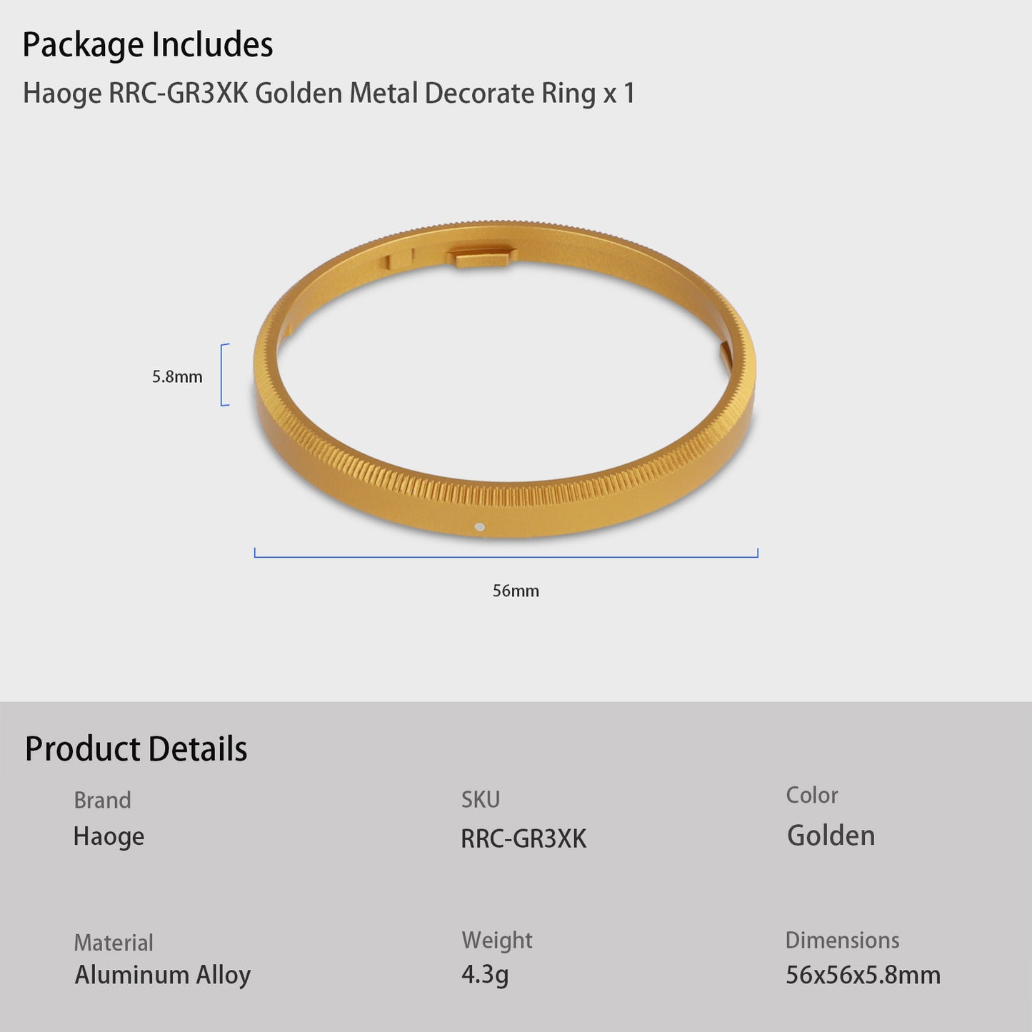Haoge RRC-GR3Xk Golden Metal Decorate Ring Cap for RICOH GR3X/GRIIIX Camera replaces GN-2