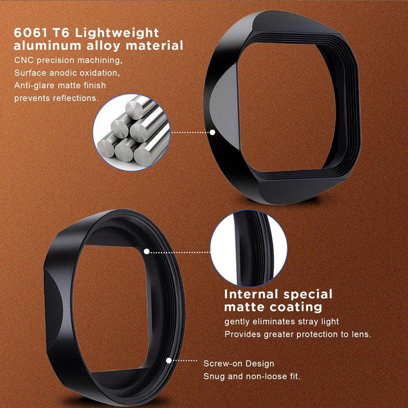 Haoge Metal Square Lens Hood for Leica Q3-28 Q2 Q QP TYP116 Camera Accessories Ultra Slim Screw-in Design 49mm UV Compatible LH-LQ343-13N