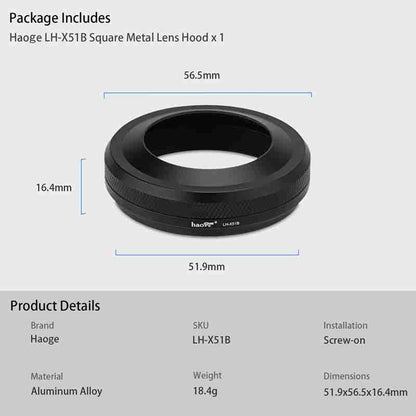 Haoge 2in1 All Metal Ultra-Thin Lens Hood with Adapter Ring Set for Fujifilm Fuji X100VI X100V Camera Black LH-X51B