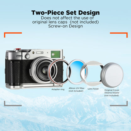 Haoge LH-X54W Square Metal Lens Hood with 49mm Adapter Ring for Fujifilm Fuji X100VI x100v Camera Silver