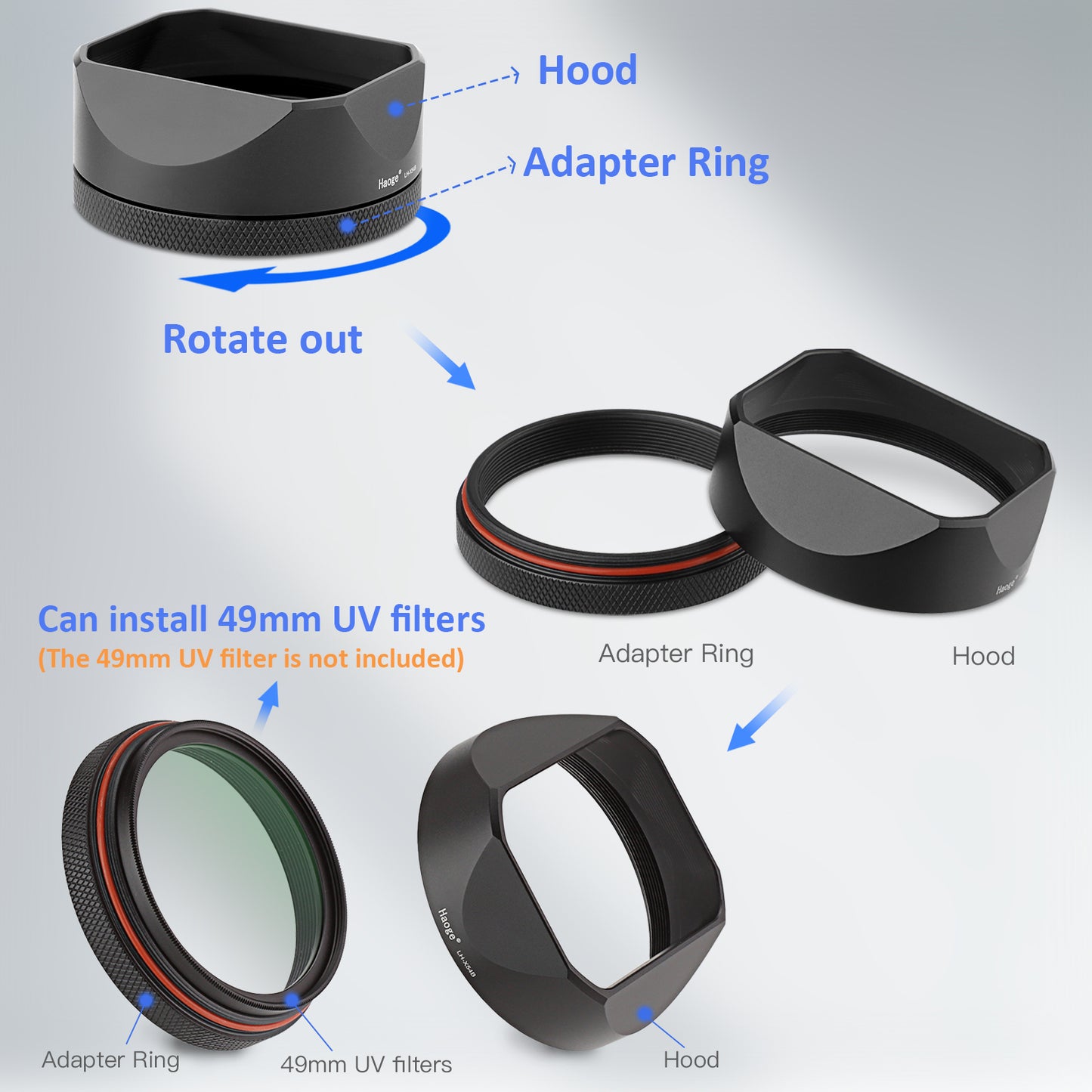 Haoge Square Metal Lens Hood for Fujifilm X100VI Fuji X100V X100F X100T X100S X100 X70 Camera Black with 49mm UV Filter Adapter Ring and Metal Cap