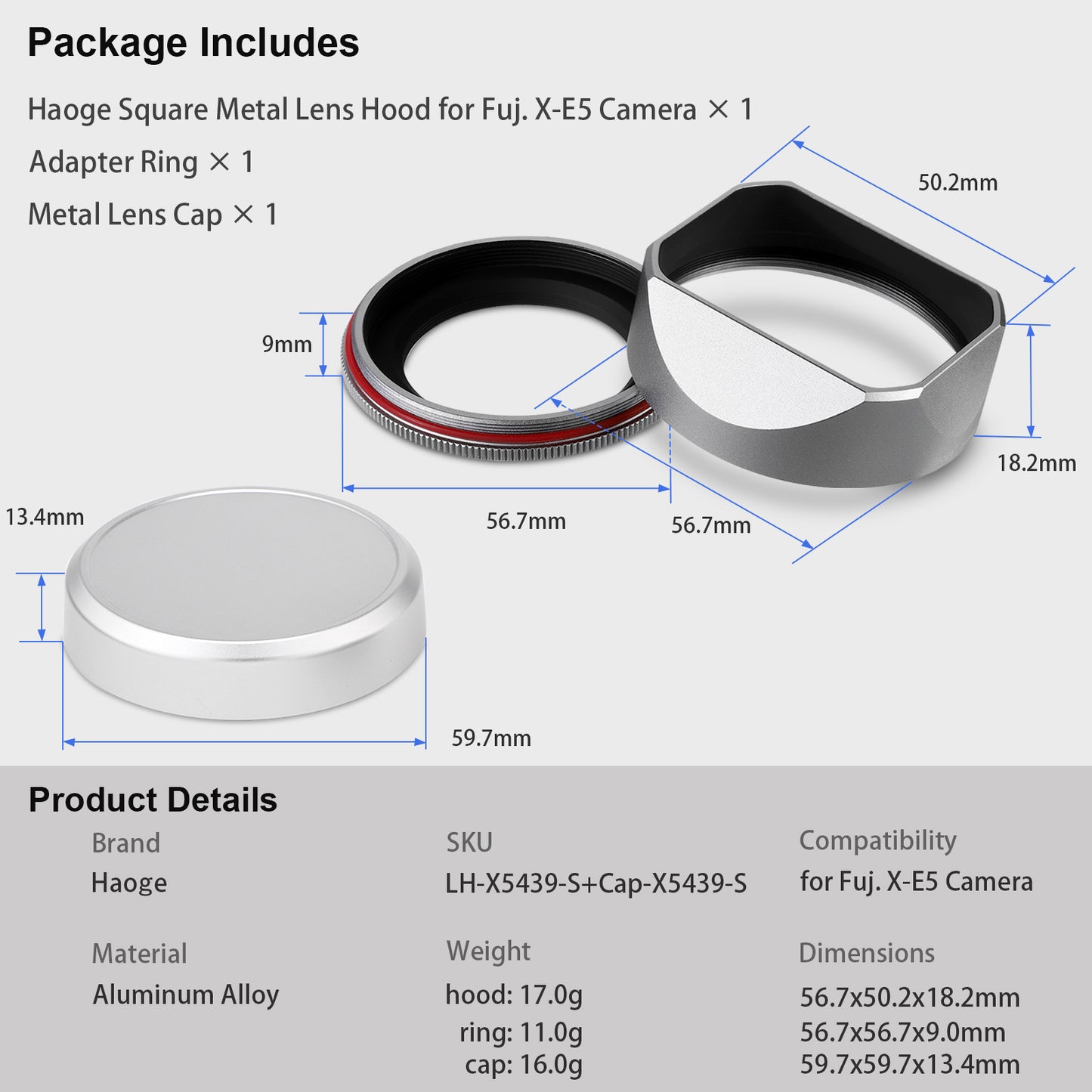 Haoge Squaret Metal Lens Hood for Fujifilm XF23mm F2.8 on XE5 Cemera Body kit Fujinon XF27mmF2.8 R WR Lense 39mm Screw-in Hood Silver ,With Metal Cap