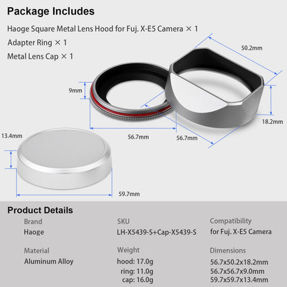 Haoge Squaret Metal Lens Hood for Fujifilm XF23mm F2.8 on XE5 Cemera Body kit Fujinon XF27mmF2.8 R WR Lense 39mm Screw-in Hood Silver ,With Metal Cap