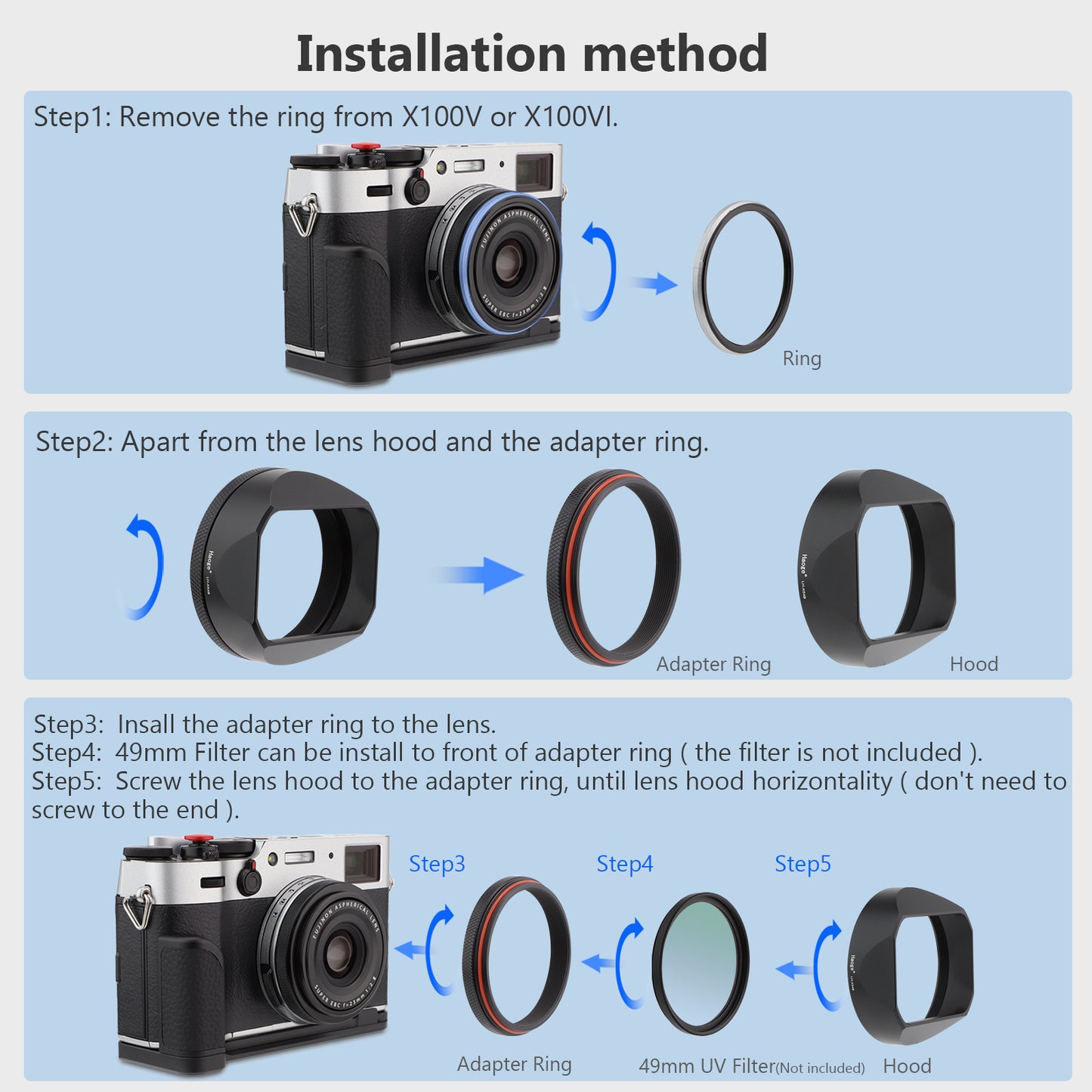 Haoge Square Metal Lens Hood Shade with Cap and 49mm Adapter Ring for Fuji Fujifilm FinePix X100VI x100vi X100V X100F X100T X100S X70 Camera Black LH-X54B+Cap-X54B