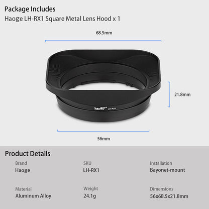 Haoge LH-RX1 Square Metal Bayonet Lens Hood Shade for Sony Carl Zeiss Sonnar T* FE 35mm F2.8 ZA,FE 55MM F1,8 ZA, FE 24mm F1.8 ZA Lens