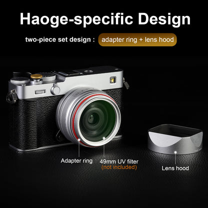 Haoge Squaret Metal Lens Hood for Fujifilm XF23mm F2.8 on XE5 Cemera Body kit Fujinon XF27mmF2.8 R WR Lense 39mm Screw-in Hood Silver ,With Metal Cap