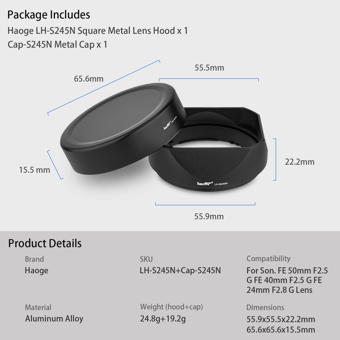 Haoge LH-S245N Bayonet Square Metal Lens Hood for Sony FE 50mm F2.5 G FE 40mm F2.5 G FE 24mm F2.8 G Lens,RX1/RX1R/RX1R II M2/RX1R III M3 Camera Shade with Cap