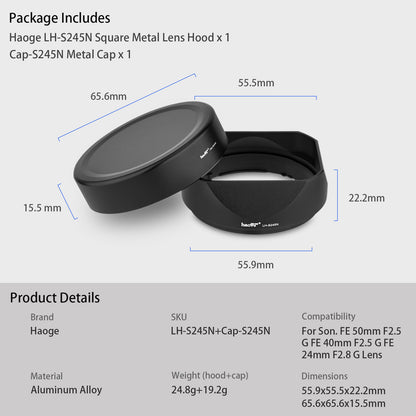 Haoge LH-S245N Bayonet Square Metal Lens Hood for Sony FE 50mm F2.5 G FE 40mm F2.5 G FE 24mm F2.8 G Lens,RX1/RX1R/RX1R II M2/RX1R III M3 Camera Shade with Cap