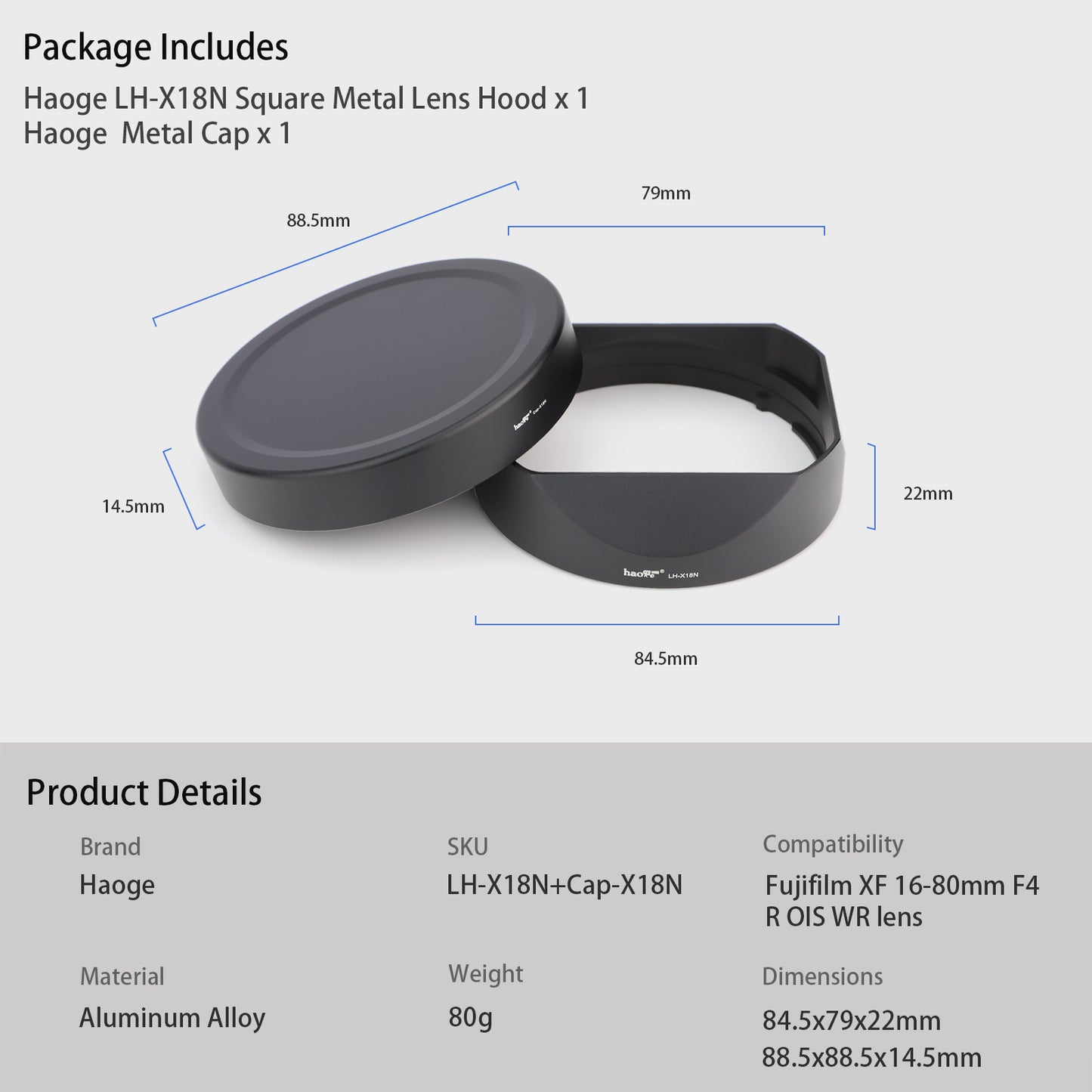 Haoge LH-X18N Bayonet Square Metal Lens Hood for Fujifilm Fuji Fujinon XF 16-80mm F4 R OIS WR, XF16-55mm F2.8 R LM WR II Lens Shade with Metal Cap