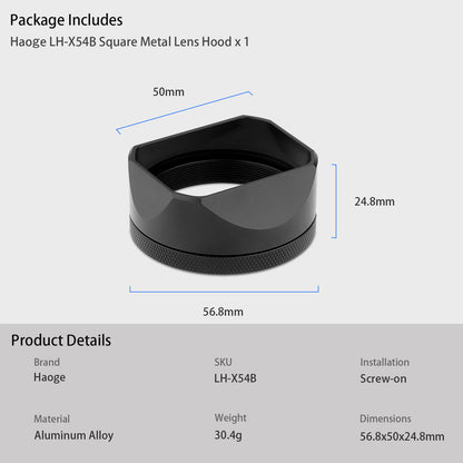 Haoge LH-X54B Square Metal Lens Hood with 49mm Adapter Ring for Fujifilm Fuji X100VI x100v Camera Black