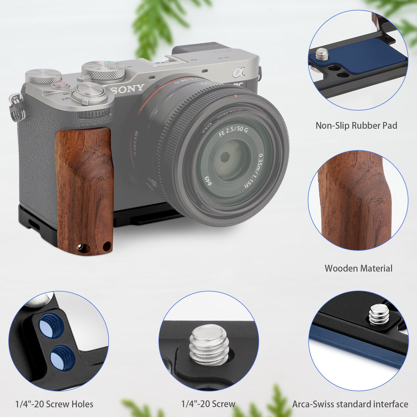 Haoge Wooden Side Handle for Sony A7CR a7cii Camera - Premium Rosewood Grip with Quick Release Plate, Extra Tripod 1/4 Hole & Hand Strap Hole Black HG-A7CR-B