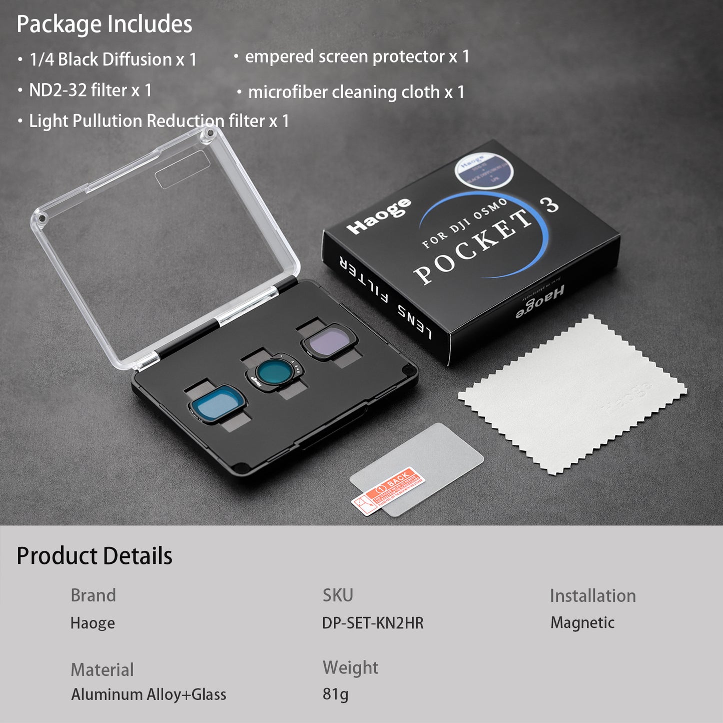 Haoge Magnetic Filter Set for DJI Osmo Pocket 3,Includes 1/4 Black Diffusion,Light Pullution Reduction Filter,Variable ND 2-32,and LCD Screen Protector,Multi-Coated HD Optical Glass